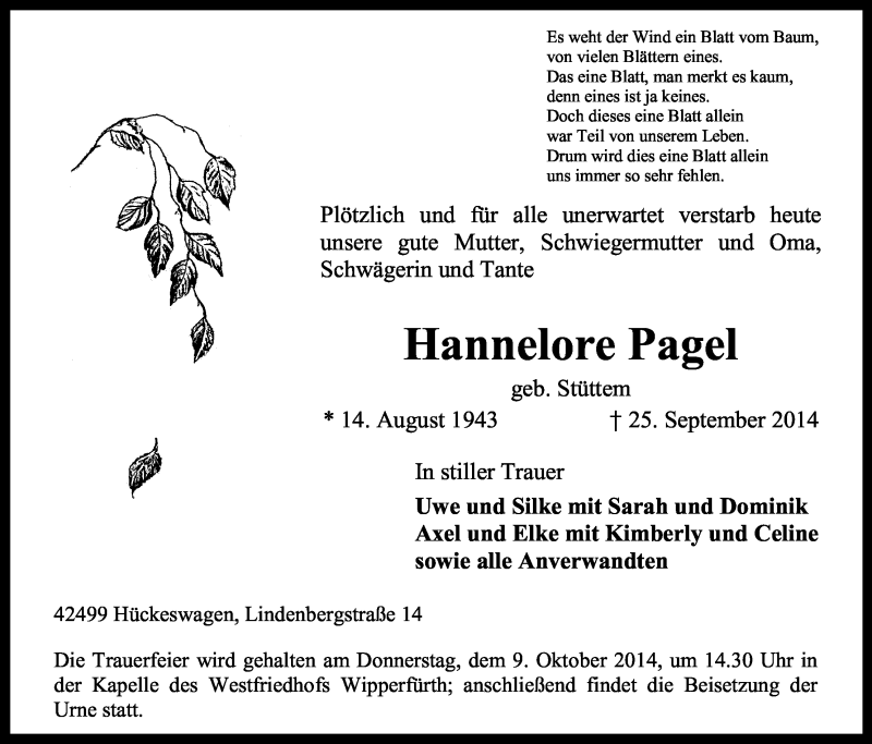  Traueranzeige für Hannelore Pagel vom 02.10.2014 aus Kölner Stadt-Anzeiger / Kölnische Rundschau / Express