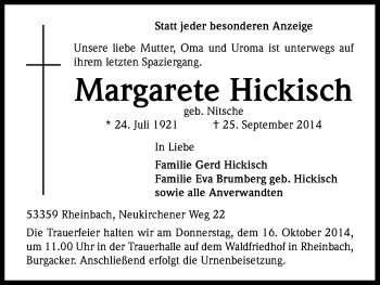 Anzeige von Margarete Hickisch von Kölner Stadt-Anzeiger / Kölnische Rundschau / Express