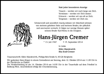 Anzeige von Hans-Jürgen Cremer von Kölner Stadt-Anzeiger / Kölnische Rundschau / Express