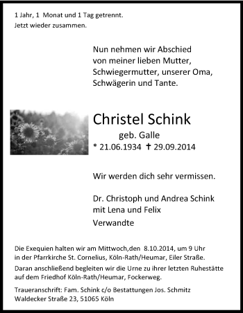 Anzeige von Christel Schink von Kölner Stadt-Anzeiger / Kölnische Rundschau / Express