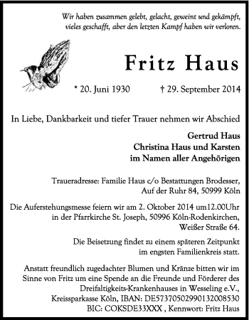 Anzeige von Fritz Haus von Kölner Stadt-Anzeiger / Kölnische Rundschau / Express