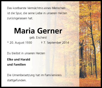 Anzeige von Maria Gerner von Kölner Stadt-Anzeiger / Kölnische Rundschau / Express