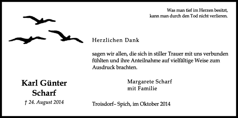  Traueranzeige für Karl Günter Scharf vom 04.10.2014 aus Kölner Stadt-Anzeiger / Kölnische Rundschau / Express
