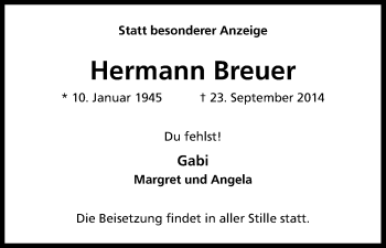 Anzeige von Hermann Breuer von Kölner Stadt-Anzeiger / Kölnische Rundschau / Express