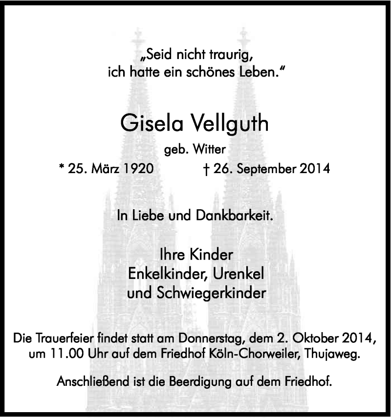  Traueranzeige für Gisela Vellguth vom 01.10.2014 aus Kölner Stadt-Anzeiger / Kölnische Rundschau / Express