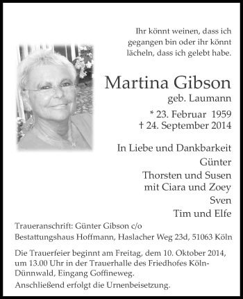 Anzeige von Martina Gibson von Kölner Stadt-Anzeiger / Kölnische Rundschau / Express