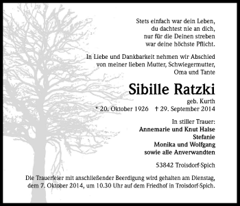 Anzeige von Sibille Ratzki von Kölner Stadt-Anzeiger / Kölnische Rundschau / Express