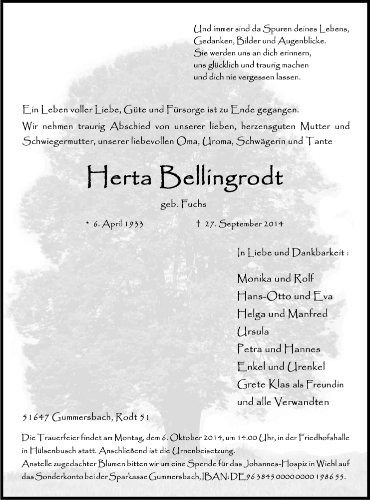  Traueranzeige für Herta Bellingrodt vom 01.10.2014 aus Kölner Stadt-Anzeiger / Kölnische Rundschau / Express