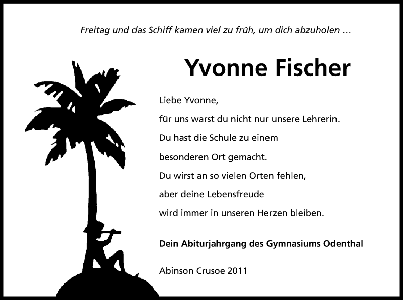  Traueranzeige für Yvonne Fischer vom 01.10.2014 aus Kölner Stadt-Anzeiger / Kölnische Rundschau / Express