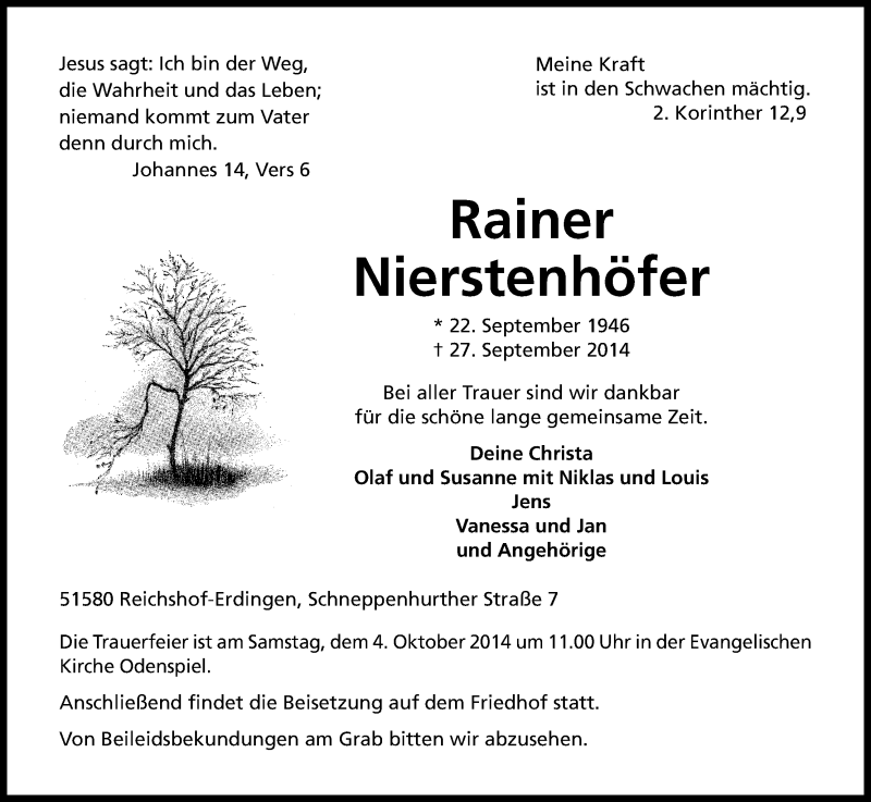  Traueranzeige für Rainer Nierstenhöfer vom 01.10.2014 aus Kölner Stadt-Anzeiger / Kölnische Rundschau / Express