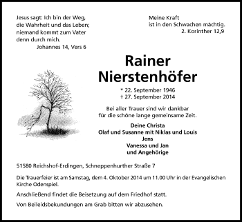 Anzeige von Rainer Nierstenhöfer von Kölner Stadt-Anzeiger / Kölnische Rundschau / Express