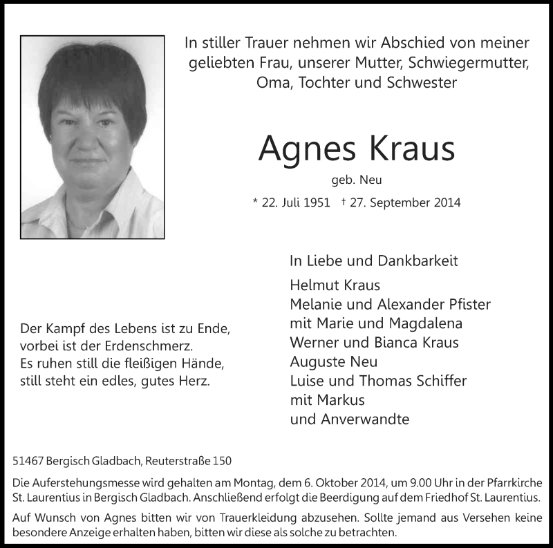  Traueranzeige für Agnes Kraus vom 02.10.2014 aus Kölner Stadt-Anzeiger / Kölnische Rundschau / Express