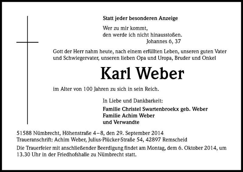  Traueranzeige für Karl Weber vom 01.10.2014 aus Kölner Stadt-Anzeiger / Kölnische Rundschau / Express
