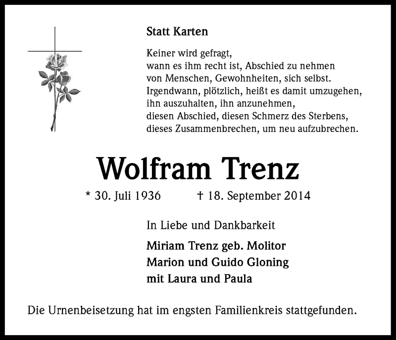  Traueranzeige für Wolfram Trenz vom 02.10.2014 aus Kölner Stadt-Anzeiger / Kölnische Rundschau / Express