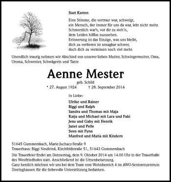 Anzeige von Aenne Mester von Kölner Stadt-Anzeiger / Kölnische Rundschau / Express