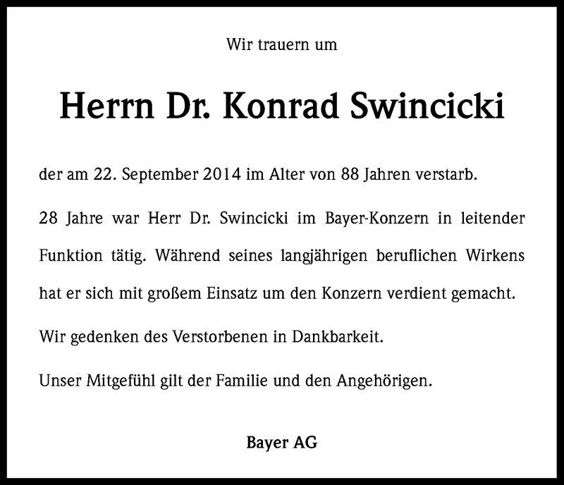  Traueranzeige für Konrad Swincicki vom 01.10.2014 aus Kölner Stadt-Anzeiger / Kölnische Rundschau / Express