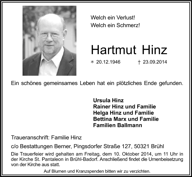  Traueranzeige für Hartmut Hinz vom 04.10.2014 aus Kölner Stadt-Anzeiger / Kölnische Rundschau / Express