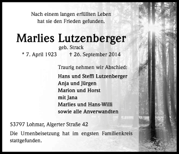 Anzeige von Marlies Lutzenberger von Kölner Stadt-Anzeiger / Kölnische Rundschau / Express