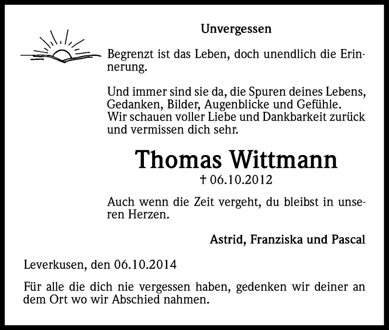  Traueranzeige für Thomas Wittmann vom 04.10.2014 aus Kölner Stadt-Anzeiger / Kölnische Rundschau / Express