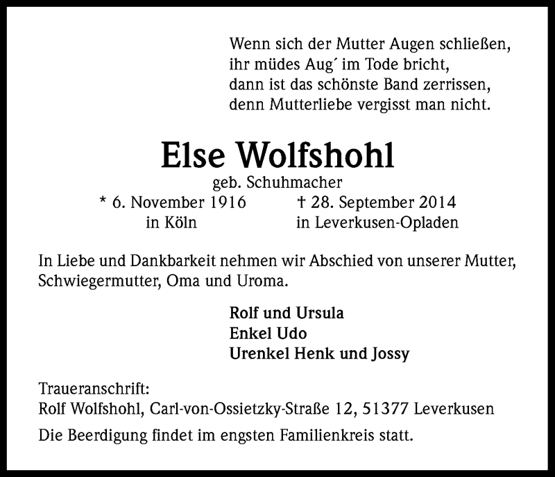  Traueranzeige für Else Wolfshohl vom 04.10.2014 aus Kölner Stadt-Anzeiger / Kölnische Rundschau / Express