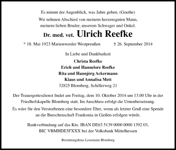 Anzeige von Ulrich Reefke von Kölner Stadt-Anzeiger / Kölnische Rundschau / Express