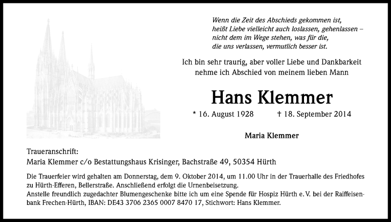  Traueranzeige für Hans Klemmer vom 04.10.2014 aus Kölner Stadt-Anzeiger / Kölnische Rundschau / Express