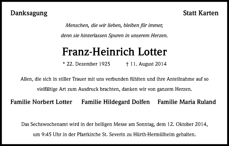  Traueranzeige für Franz-Heinrich Lotter vom 04.10.2014 aus Kölner Stadt-Anzeiger / Kölnische Rundschau / Express