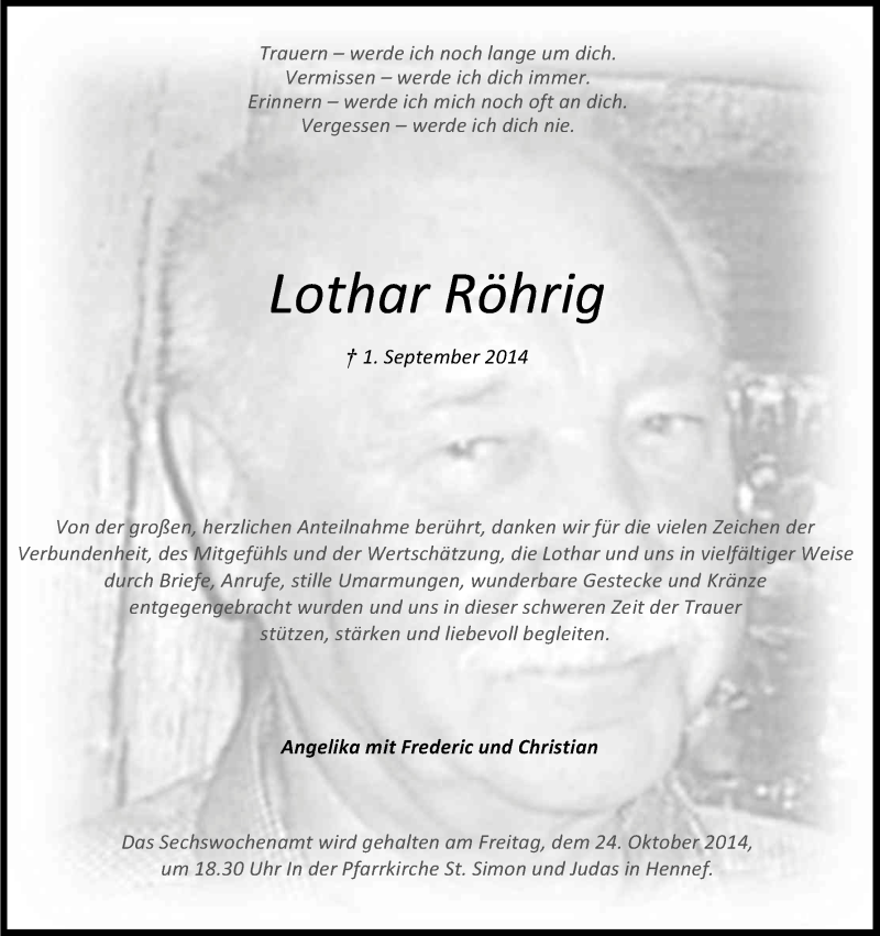  Traueranzeige für Lothar Röhrig vom 04.10.2014 aus Kölner Stadt-Anzeiger / Kölnische Rundschau / Express