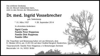 Anzeige von Ingrid Vossebrecher von Kölner Stadt-Anzeiger / Kölnische Rundschau / Express