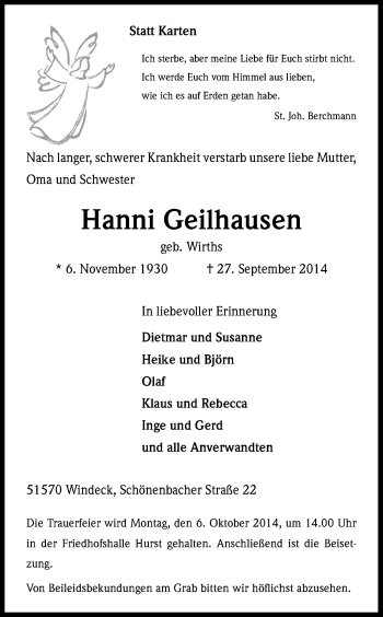 Anzeige von Hanni Geilhausen von Kölner Stadt-Anzeiger / Kölnische Rundschau / Express
