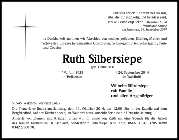 Anzeige von Ruth Silbersiepe von Kölner Stadt-Anzeiger / Kölnische Rundschau / Express