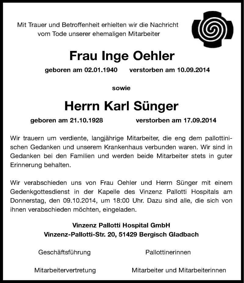  Traueranzeige für Inge und Karl  vom 04.10.2014 aus Kölner Stadt-Anzeiger / Kölnische Rundschau / Express