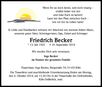 Anzeige von Friedrich Becker von Kölner Stadt-Anzeiger / Kölnische Rundschau / Express