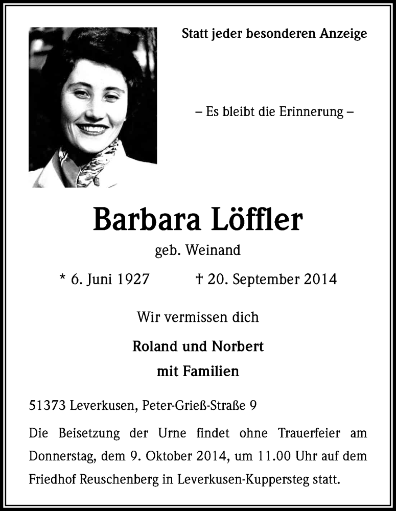  Traueranzeige für Barbara Löffler vom 02.10.2014 aus Kölner Stadt-Anzeiger / Kölnische Rundschau / Express