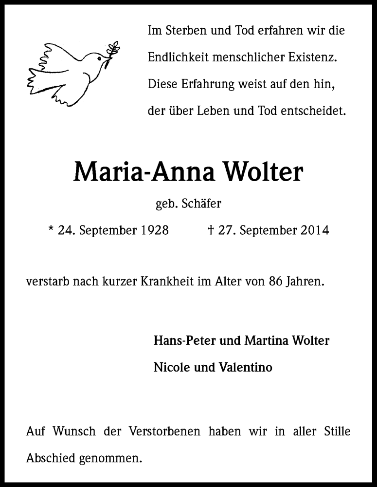  Traueranzeige für Maria-Anna Wolter vom 04.10.2014 aus Kölner Stadt-Anzeiger / Kölnische Rundschau / Express