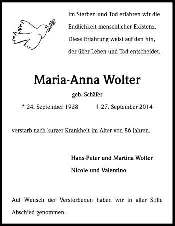 Anzeige von Maria-Anna Wolter von Kölner Stadt-Anzeiger / Kölnische Rundschau / Express