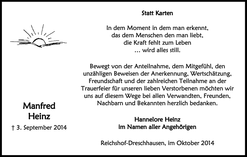  Traueranzeige für Manfred Heinz vom 04.10.2014 aus Kölner Stadt-Anzeiger / Kölnische Rundschau / Express