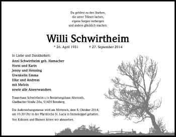 Anzeige von Willi Schwirtheim von Kölner Stadt-Anzeiger / Kölnische Rundschau / Express
