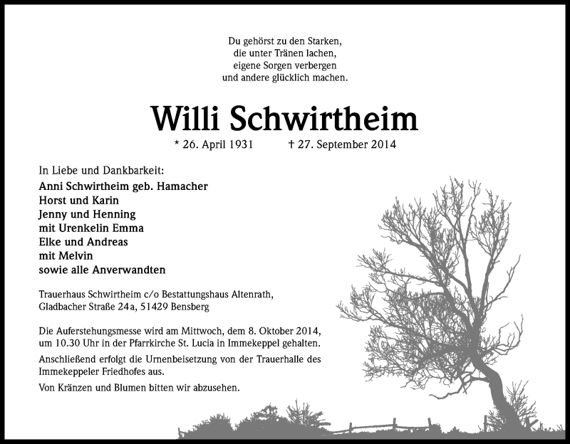  Traueranzeige für Willi Schwirtheim vom 07.10.2014 aus Kölner Stadt-Anzeiger / Kölnische Rundschau / Express