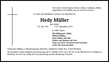 Anzeige von Hedy Müller von Kölner Stadt-Anzeiger / Kölnische Rundschau / Express