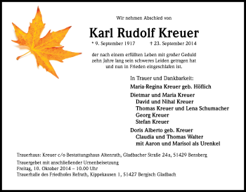 Anzeige von Karl Rudolf Kreuer von Kölner Stadt-Anzeiger / Kölnische Rundschau / Express