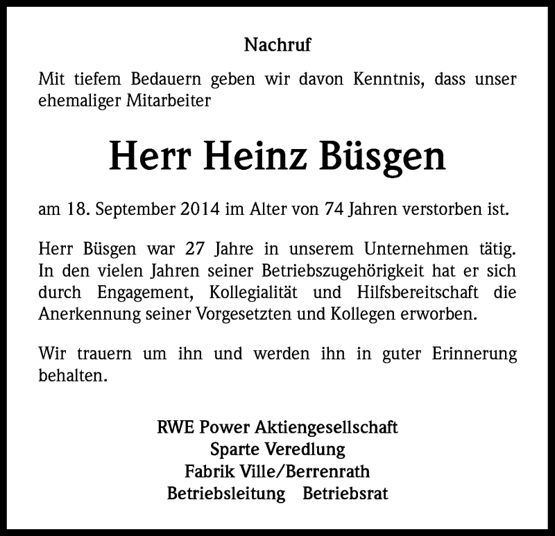  Traueranzeige für Heinz Büsgen vom 07.10.2014 aus Kölner Stadt-Anzeiger / Kölnische Rundschau / Express