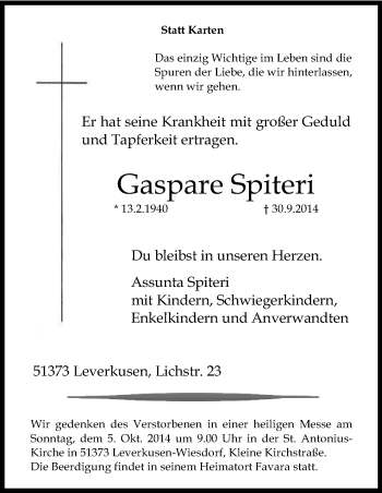 Anzeige von Gaspare Spiteri von Kölner Stadt-Anzeiger / Kölnische Rundschau / Express