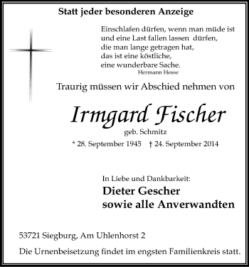 Anzeige von Irmgard Fischer von Kölner Stadt-Anzeiger / Kölnische Rundschau / Express