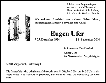 Anzeige von Eugen Ufer von Kölner Stadt-Anzeiger / Kölnische Rundschau / Express