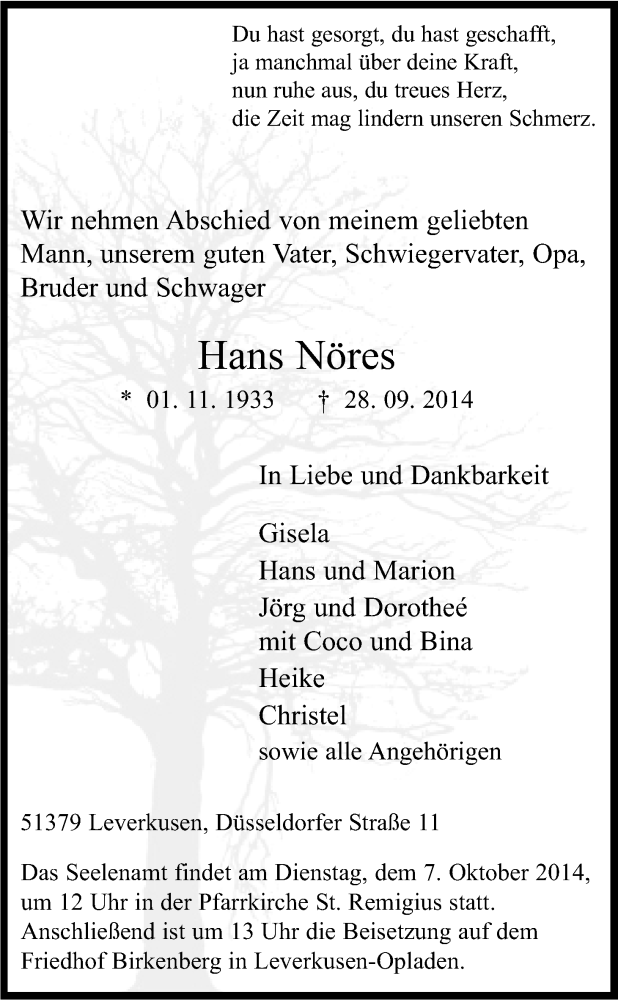  Traueranzeige für Hans Nöres vom 02.10.2014 aus Kölner Stadt-Anzeiger / Kölnische Rundschau / Express