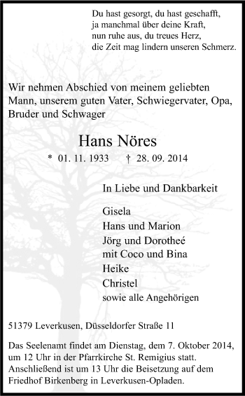 Anzeige von Hans Nöres von Kölner Stadt-Anzeiger / Kölnische Rundschau / Express