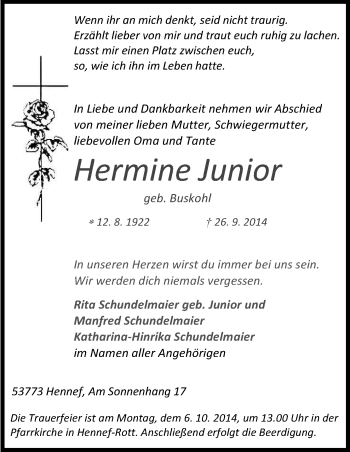Anzeige von Hermine Junior von Kölner Stadt-Anzeiger / Kölnische Rundschau / Express