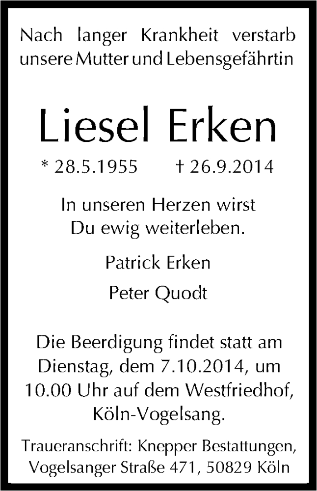  Traueranzeige für Liesel Erken vom 04.10.2014 aus Kölner Stadt-Anzeiger / Kölnische Rundschau / Express