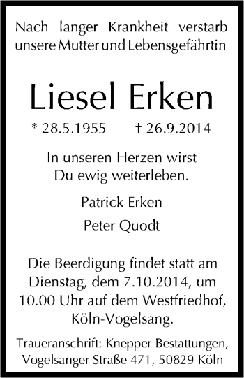 Anzeige von Liesel Erken von Kölner Stadt-Anzeiger / Kölnische Rundschau / Express